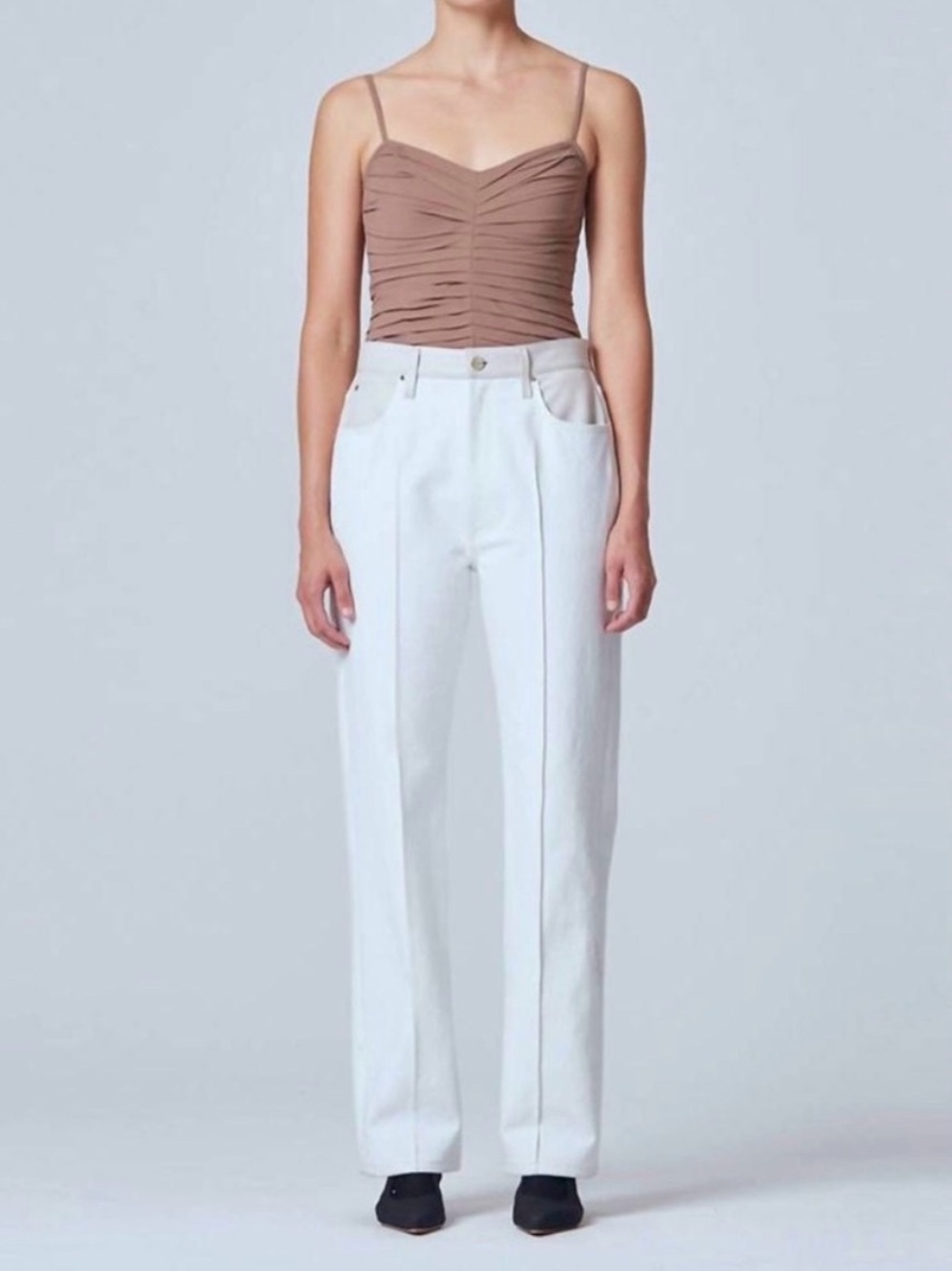 Goldsign "The Martin" High-Rise Leather-Trim Straight Jeans White 30
